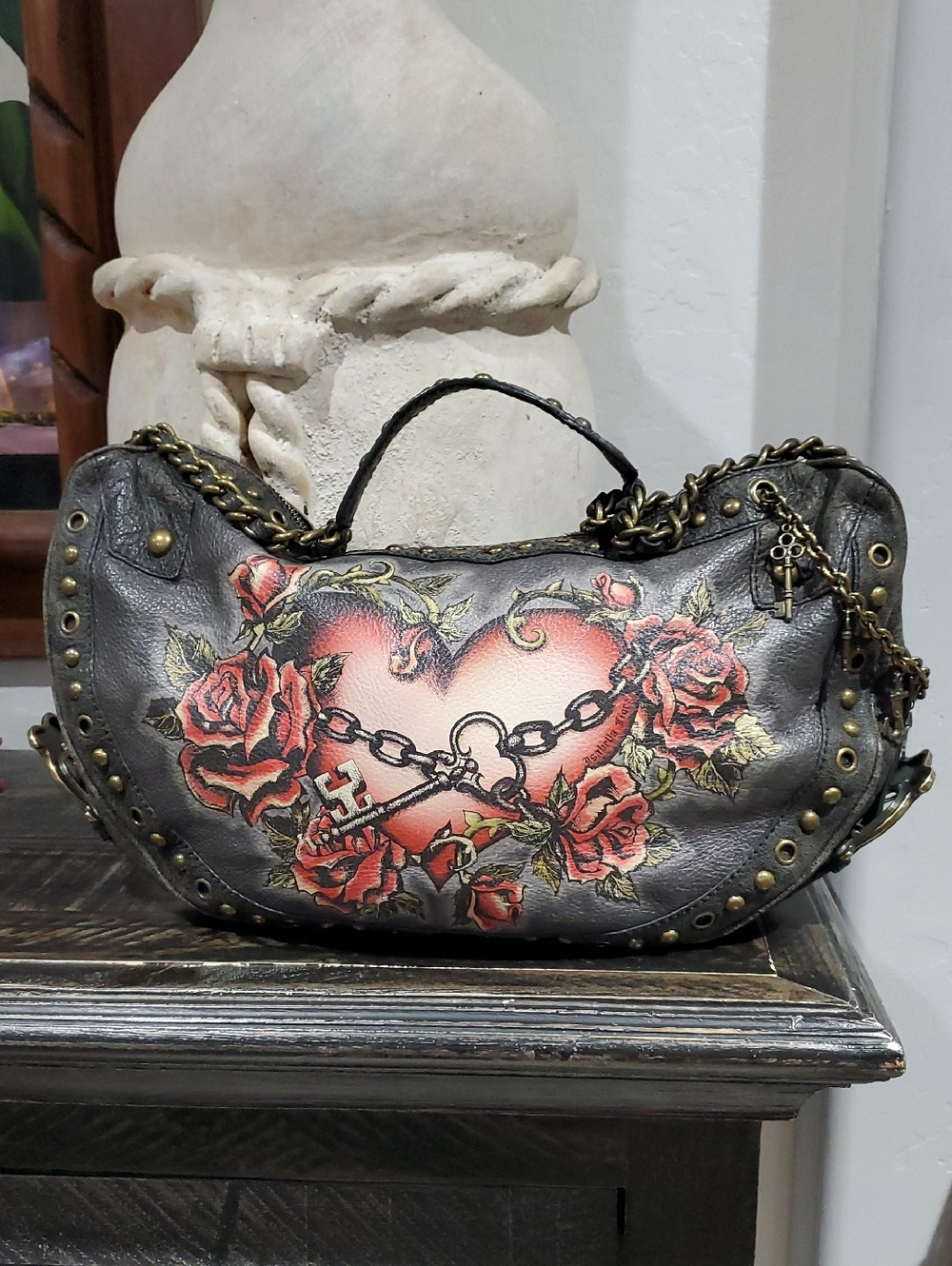 Isabella Fiore Black Shoulder Bag with Red Rose & Heart Motif
